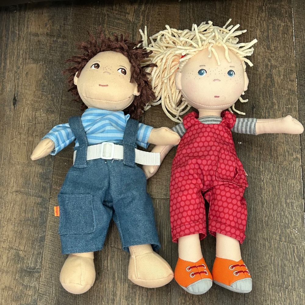 HABA Soft Fabric Dolls Lot of 2 Cassie and Graham 12 Inch Overalls Freckles